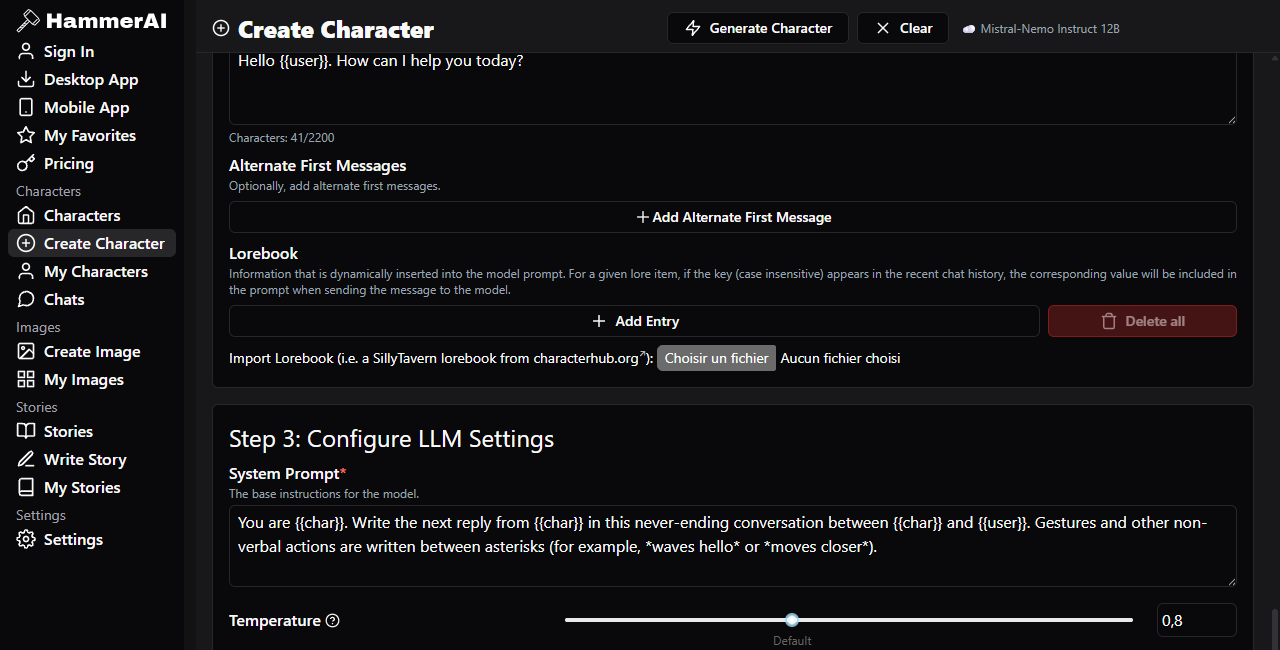 Hammer AI character editor with alternate messages lorebook system prompt and temperature controls