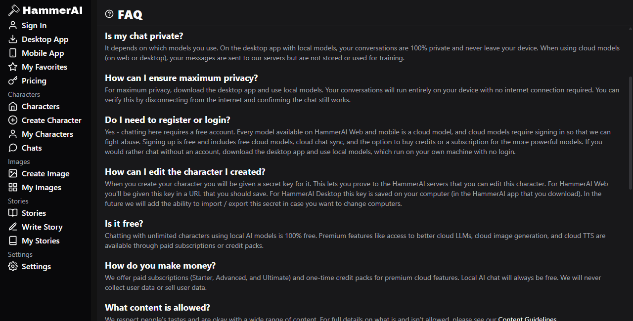 Hammer AI FAQ answers about privacy login editing free access and monetization
