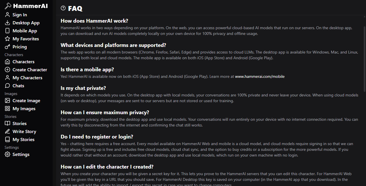 Hammer AI FAQ showing operation supported platforms mobile app privacy and account questions