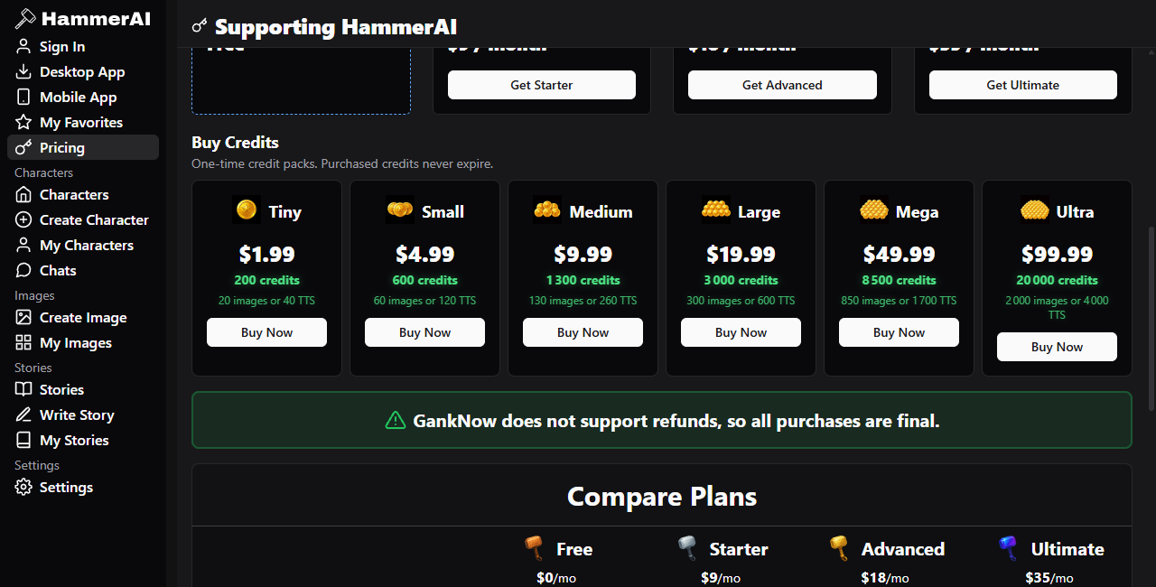 Hammer AI one-time credit packs and plan comparison heading